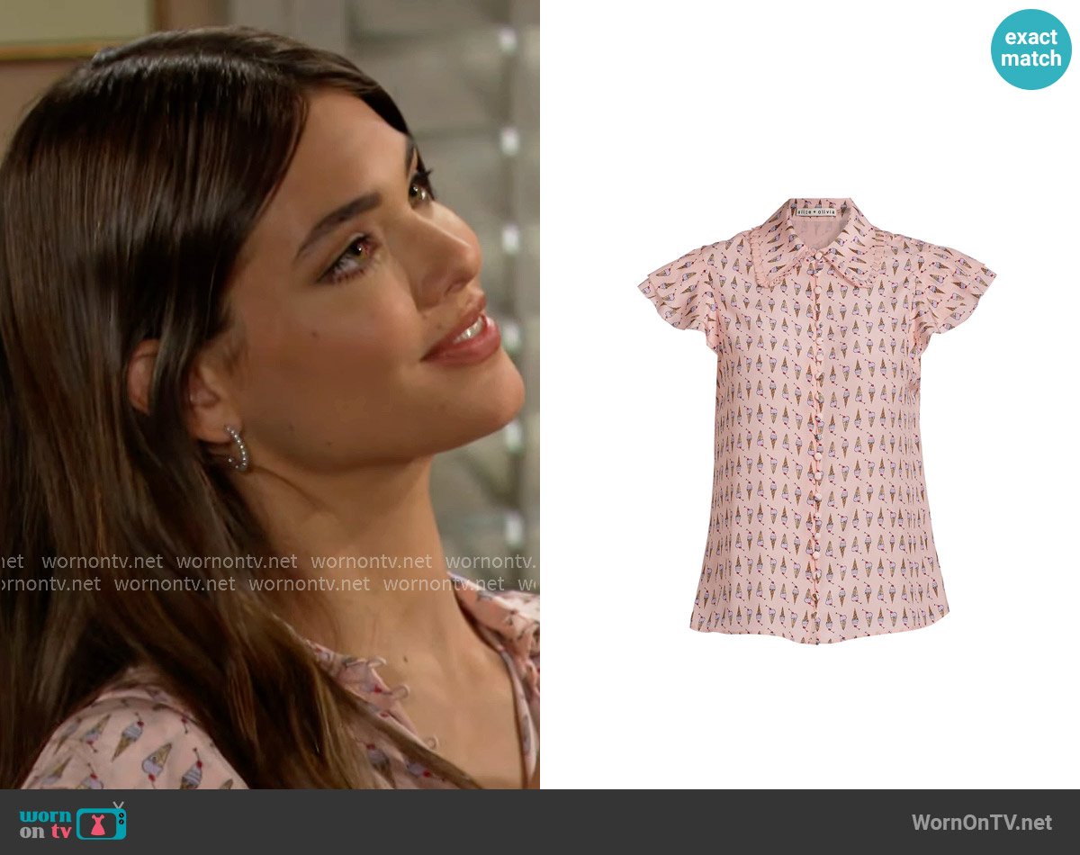 Alice + Olivia Martel Ice Cream-Print Silk Blouse worn by Electra Forrester (Laneya Grace) on The Bold and the Beautiful