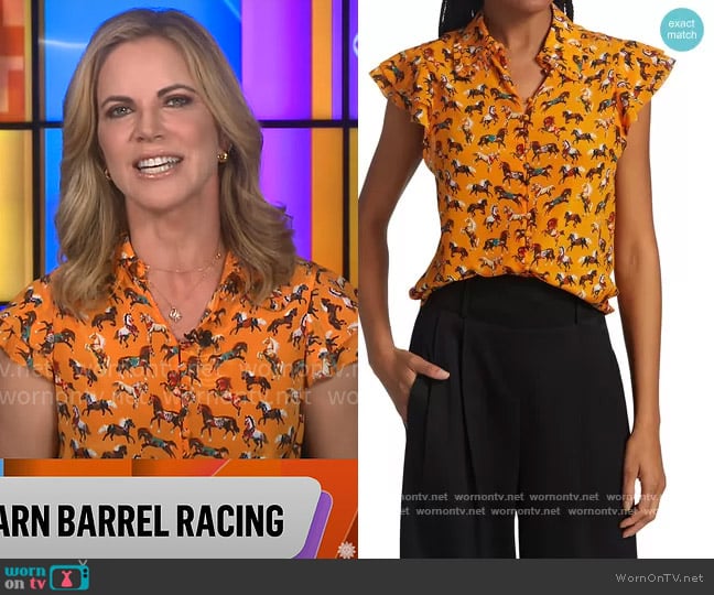Alice+ Olivia Martell horse-print silk blouse worn by Natalie Morales on CBS Mornings