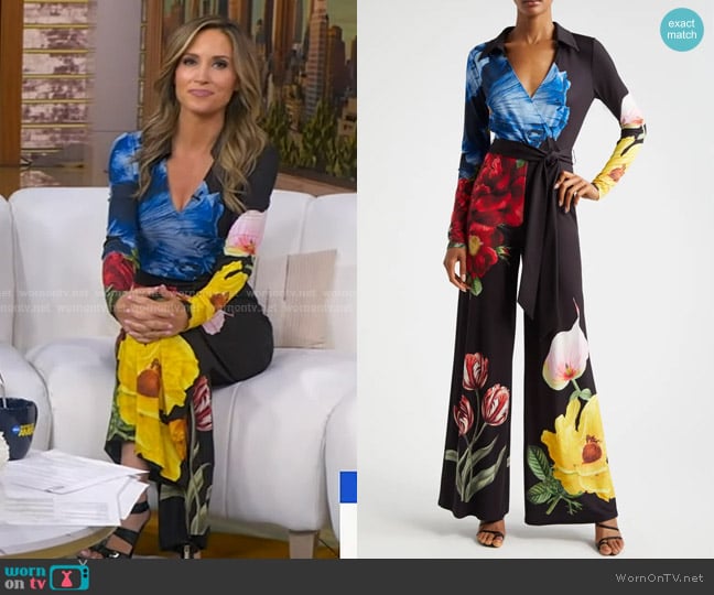 Alice + Olivia Melina Faux Wrap Wide Leg Jumpsuit worn by Rhiannon Ally on Good Morning America