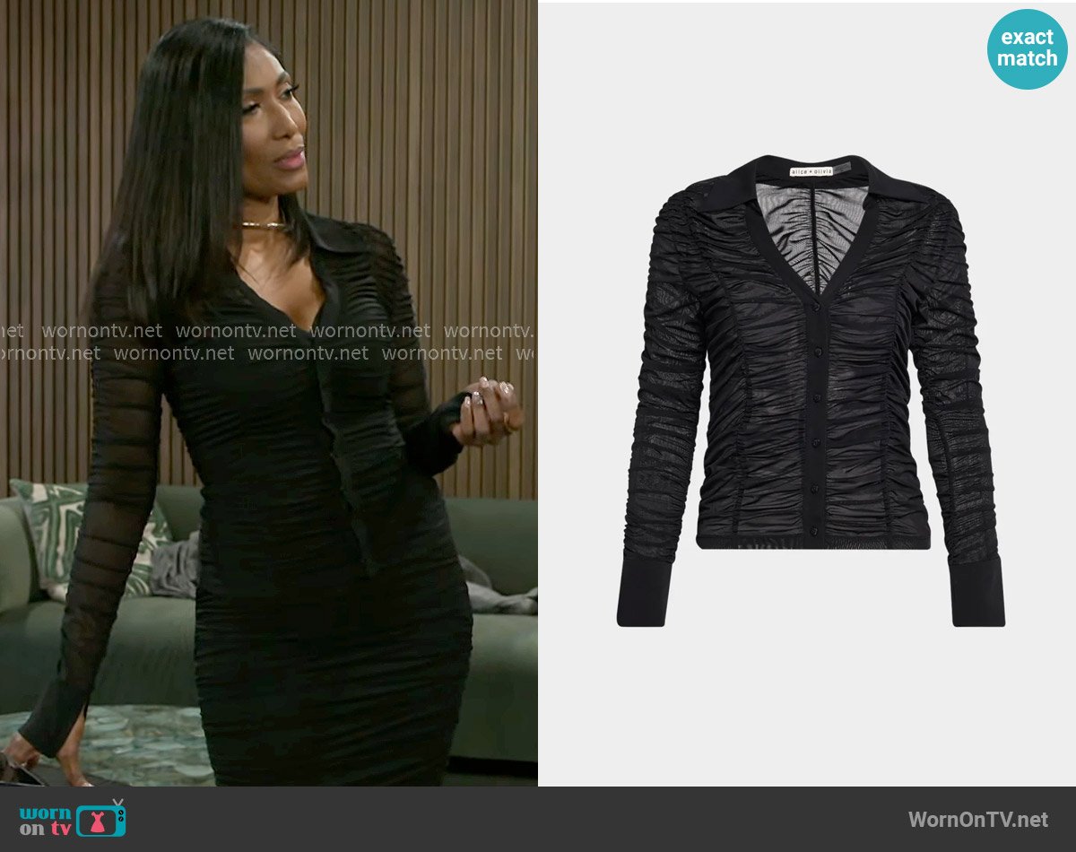 Leslie’s black ruched mesh shirt on Beyond the Gates