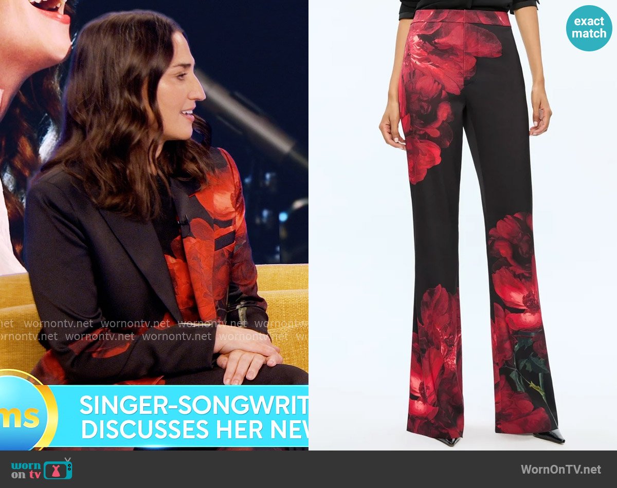 Alice + Olivia Ronnie Pants in Peony Petals Bright Ruby worn by Sara Bareilles (Sara Bareilles) on The Morning Show
