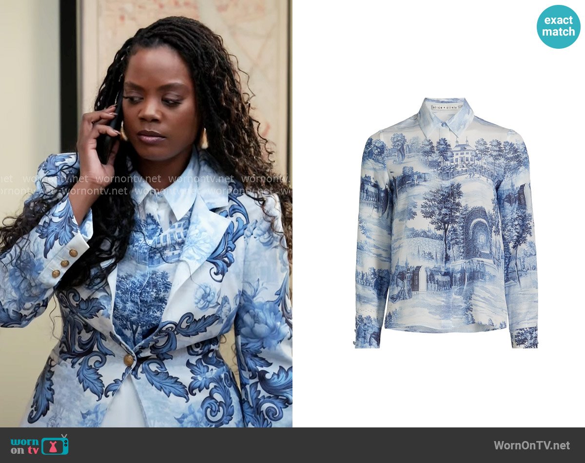 Alice + Olivia Willa Shirt in Chateau worn by Sabrina Hollins (Novi Brown) on Tyler Perrys Sistas