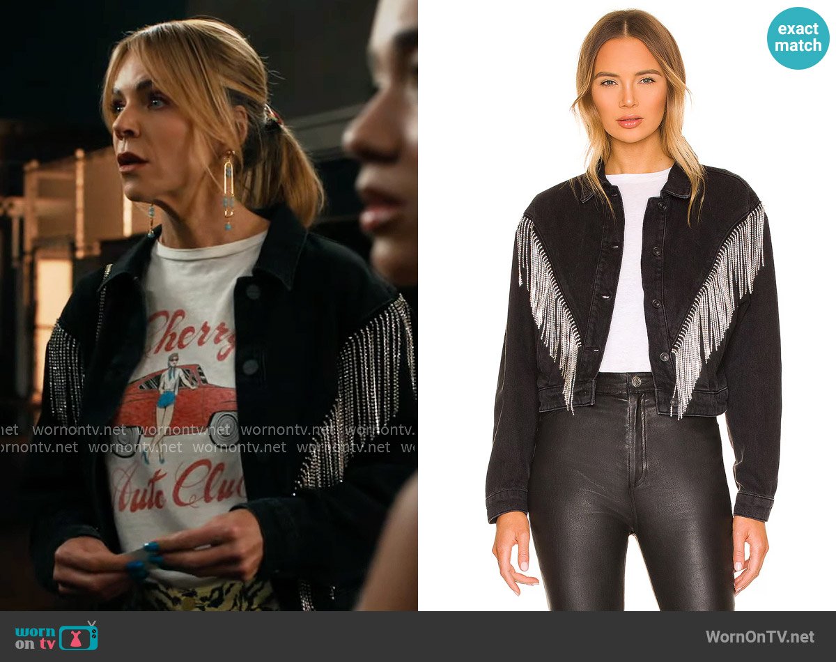 All Saints Marlene Tassel Denim Jacket worn by Morgan Gillory (Kaitlin Olson) on High Potential
