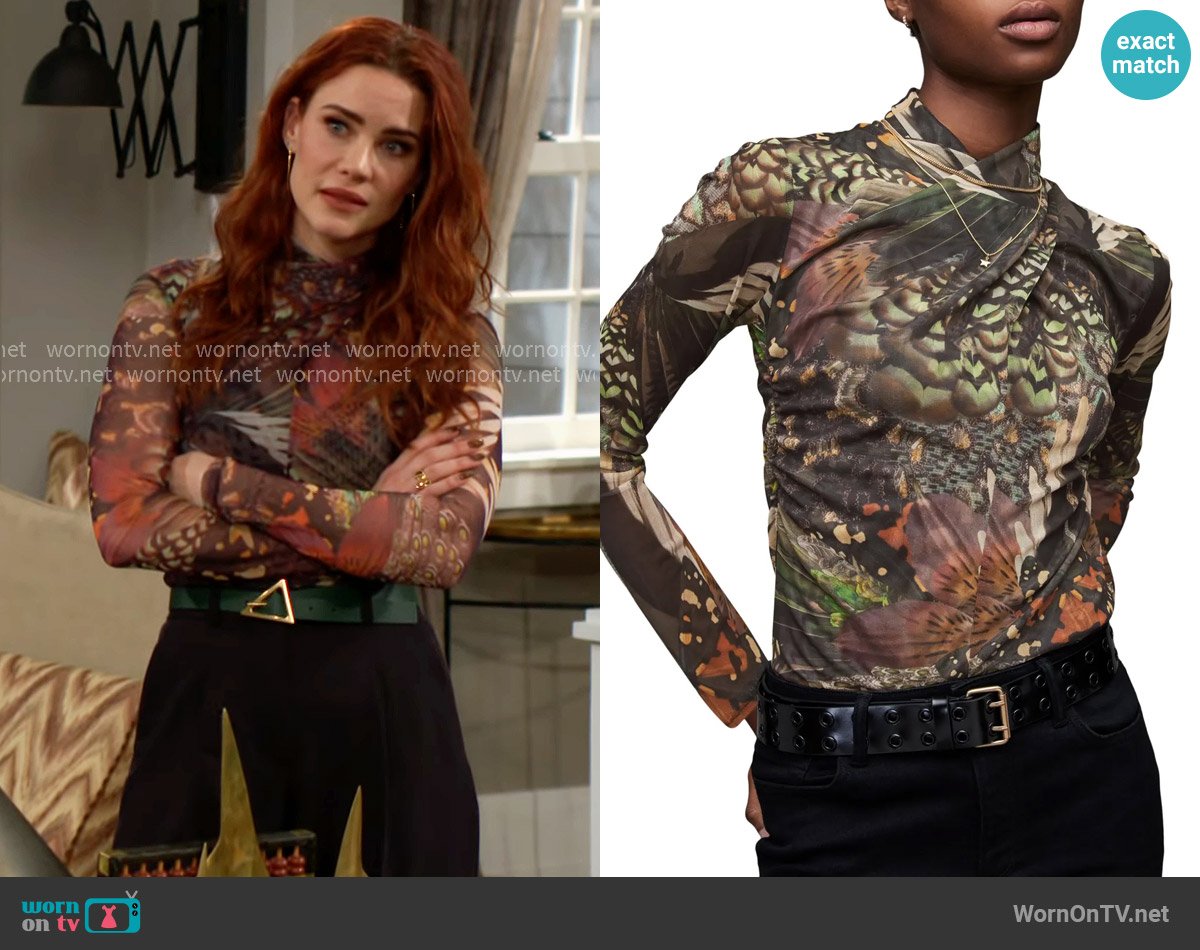 All Saints Tia Gene Print Mesh Turtleneck worn by Sally Spectra (Courtney Hope) on The Young and the Restless