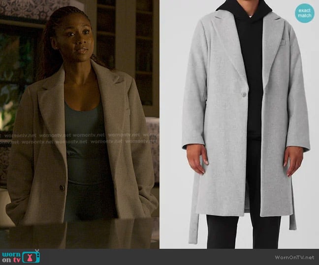 Alo Wool Gameday Overcoat in Athletic Heather Grey worn by Jax Stewart (Emayatzy Corinealdi) on Reasonable Doubt