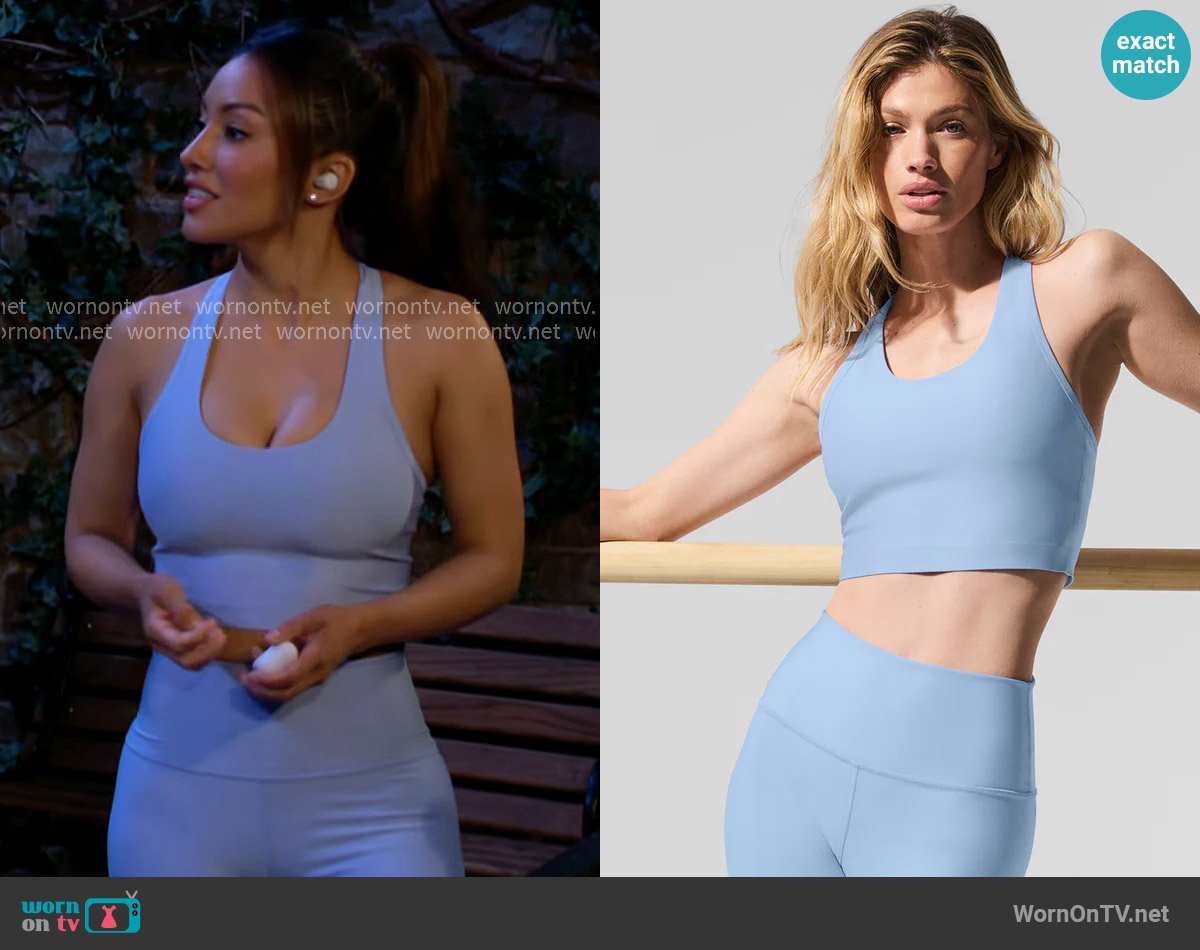 Alo Yoga Airlift Super Sleek Bra Tank in Seashell Blue worn by Audra Charles (Zuleyka Silver) on The Young and the Restless