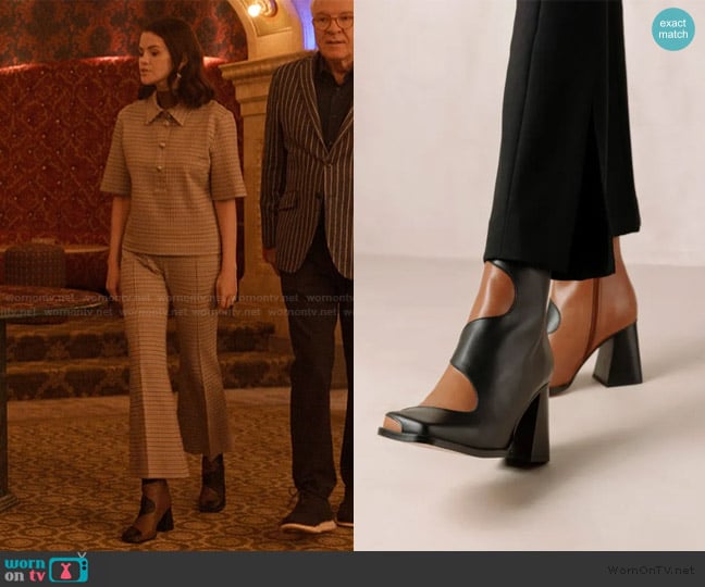 Alohas Blair two-tone block-heel leather ankle boots worn by Mabel Mora (Selena Gomez) on Only Murders in the Building