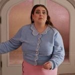 Althea’s blue scalloped cardigan and skirt on Only Murders in the Building