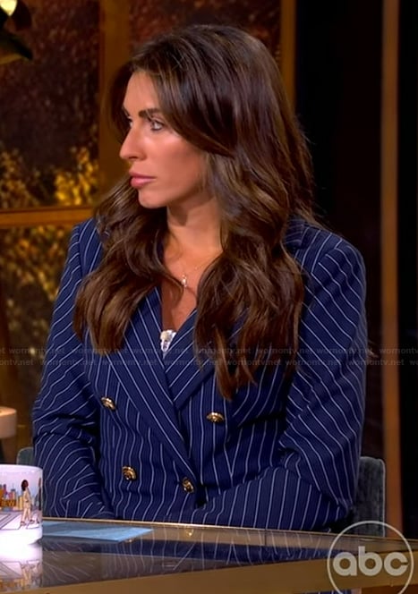 Alyssa’s navy pinstripe blazer and pants on The View