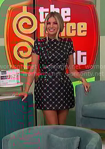 Amber’s embellished structured mini dress on The Price is Right