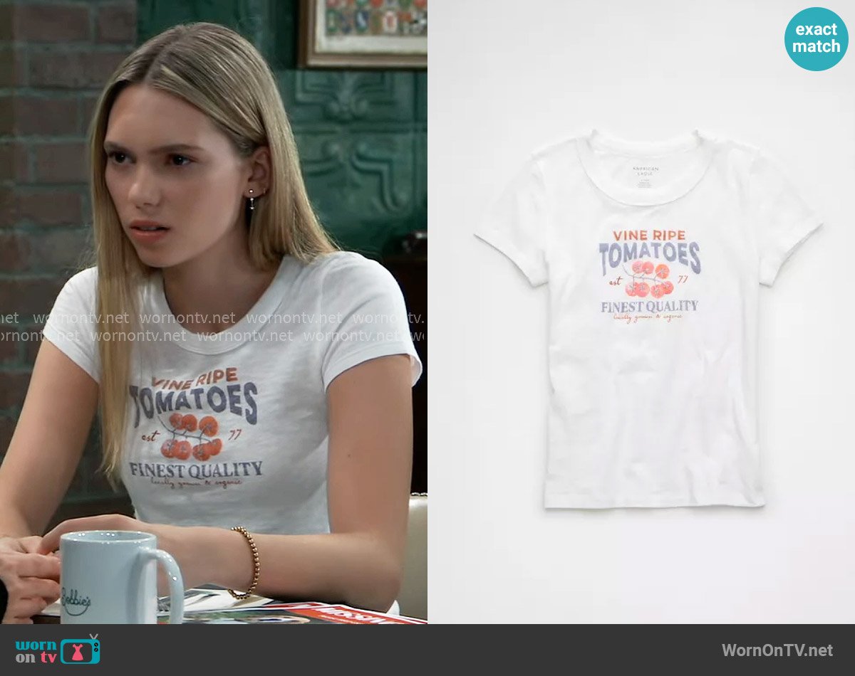 American Eagle Food Graphic Hey Baby Tee worn by Charlotte Cassadine (Bluesy Burke) on General Hospital