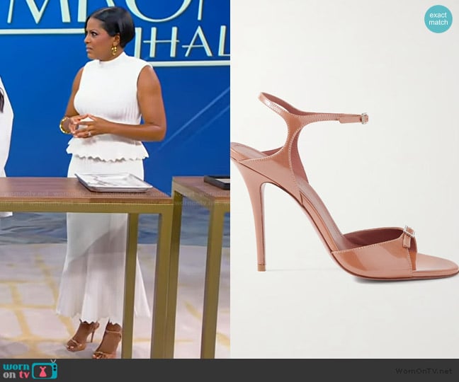 Amina Muaddi Adut crystal-embellished buckled patent-leather sandals worn by Tamron Hall on Tamron Hall Show