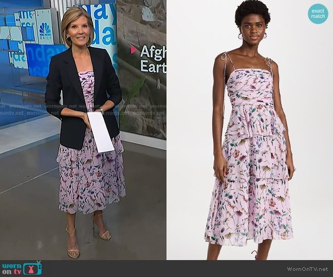 Amur Acacia Tie Strap Ruffle Dress in Lilac Lily Dreamy Wildflower worn by Kate Snow on NBC News Daily