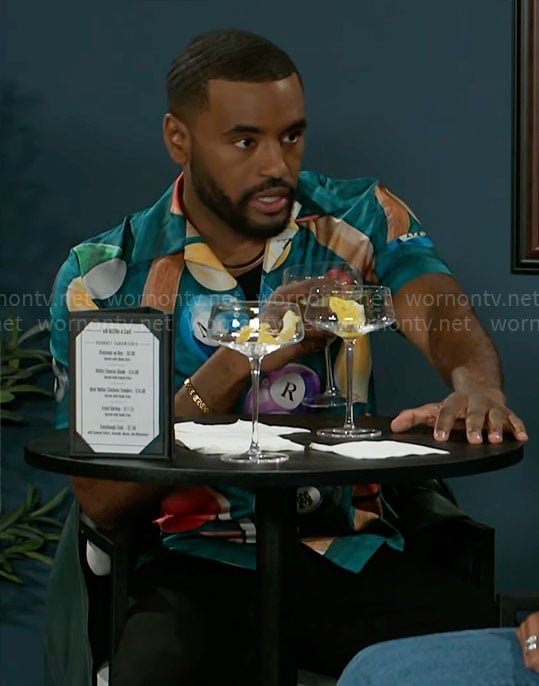 Andre’s billiard ball print shirt on Beyond the Gates