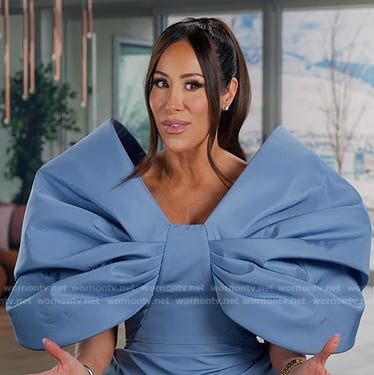 Angie's blue bow confessional dress on The Real Housewives of Salt Lake City