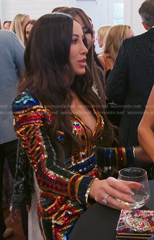 Angie’s sequinned v-neck mini dress on The Real Housewives of Salt Lake City