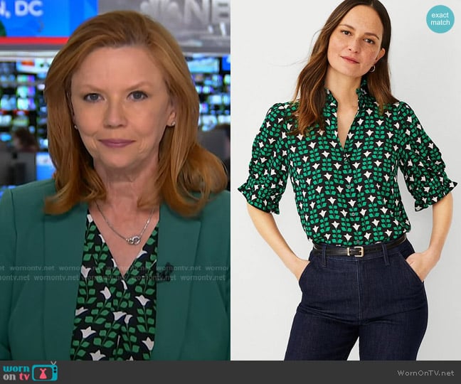 Ann Taylor Floral Tile Ruffle Button Top in Grass Green worn by Kelly O’Donnell on NBC News Daily