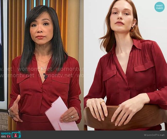 Ann Taylor Soft Drapey Camp Shirt in Moroccan Red worn by Weijia Jiang on CBS Mornings