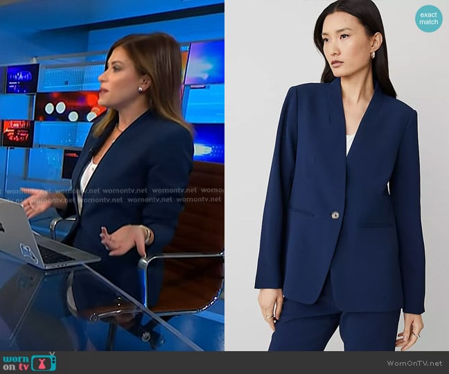 Ann Taylor The Long Collarless Blazer in Fluid Crepe Pure Sapphire worn by Chloe Melas on NBC News Daily