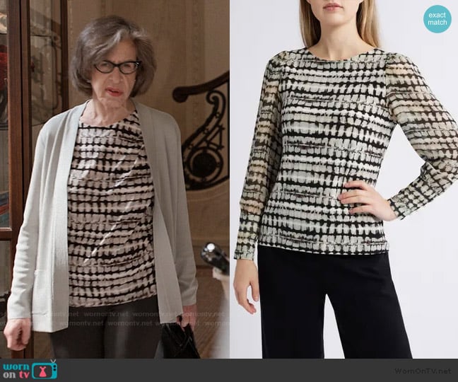 Anne Klein Print Bishop Sleeve Top worn by Uma Heller (Jackie Hoffman) on Only Murders in the Building