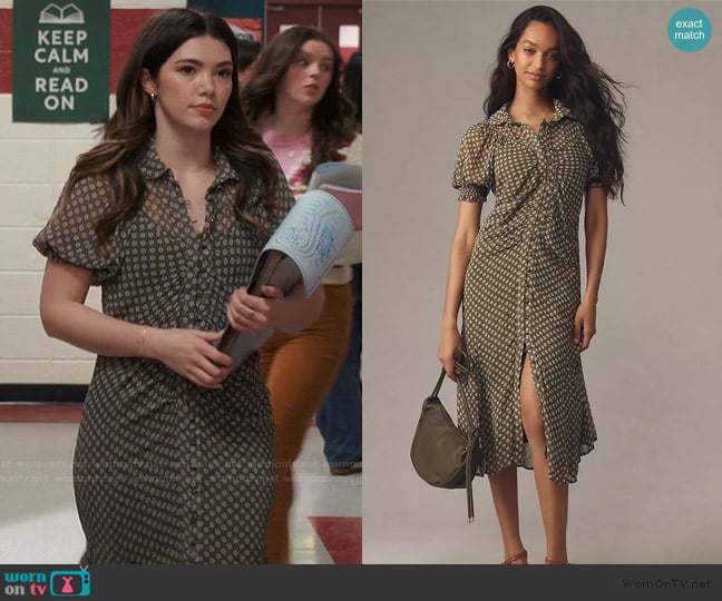 Anthropologie Puff-Sleeve Ruched Mesh Midi Shirt Dress worn by Erin (Alisha Newton) on My Life with the Walter Boys