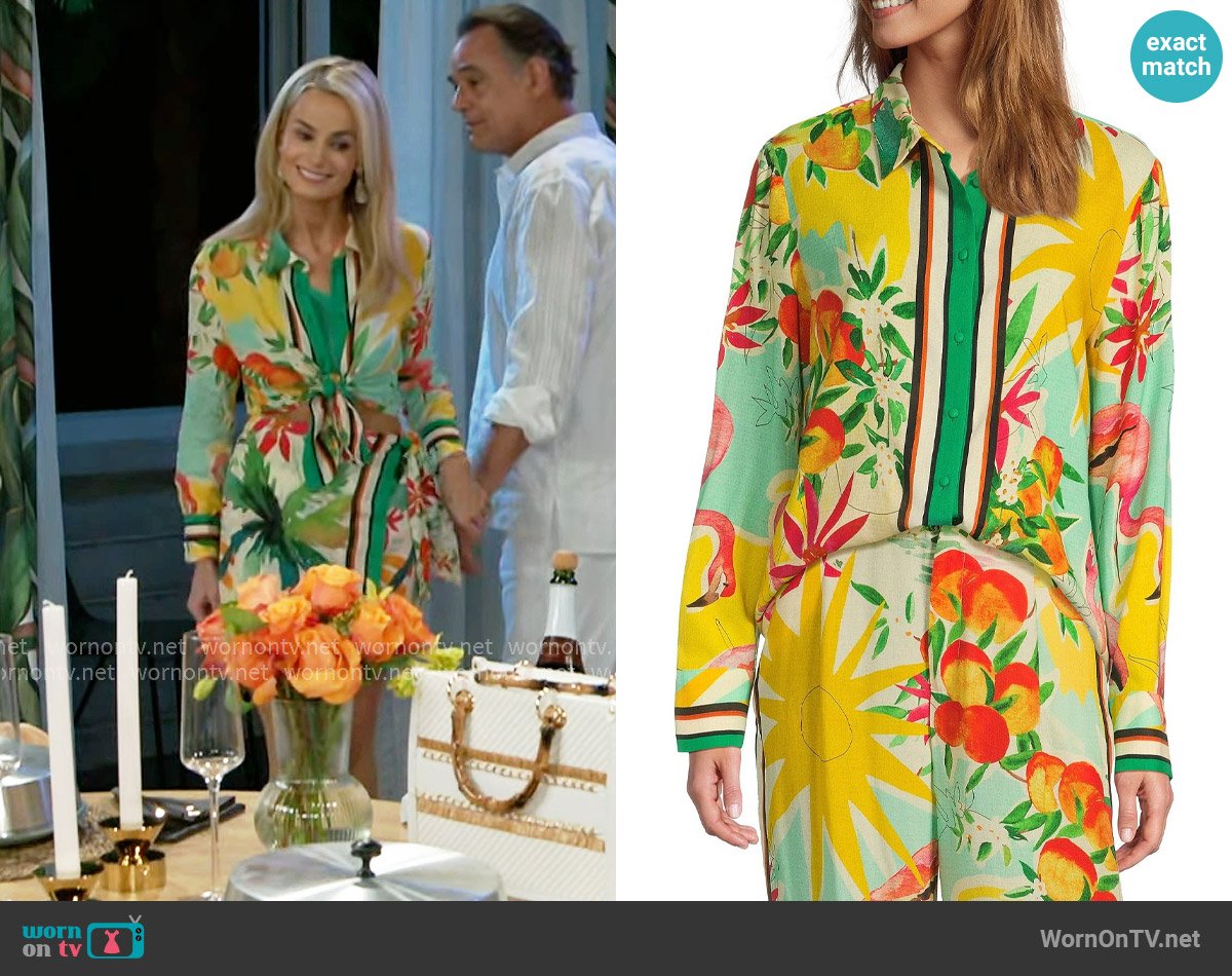Antonio Melani Polina Fruit Print Coordinating Linen Button Down Blouse worn by Vanessa McBride (Lauren Buglioli) on Beyond the Gates