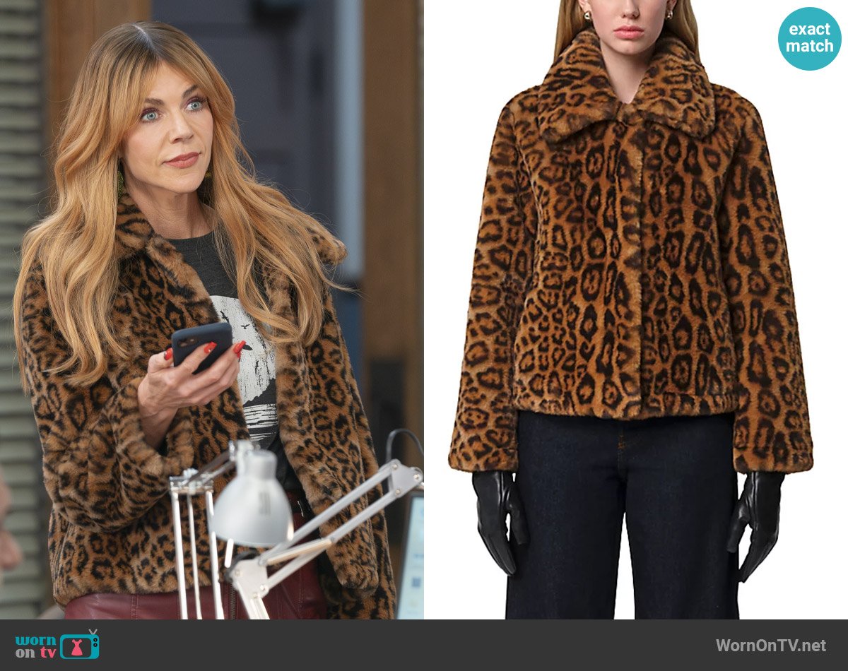 Apparis Elis Faux Fur Leopard Print Jacket worn by Morgan Gillory (Kaitlin Olson) on High Potential