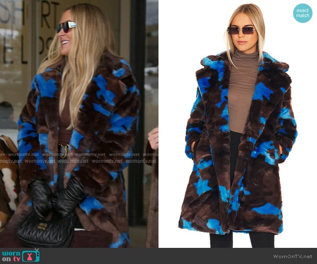 Apparis Jahaira 2 Faux Fur Coat in Blue & Espresso Camo worn by Heather Gay on The Real Housewives of Salt Lake City