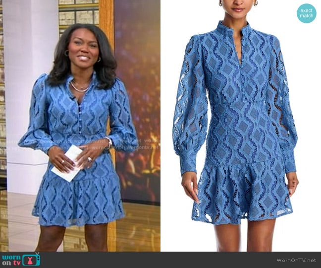 Aqua Wavy Lace Dress in Slate Blue worn by Janai Norman on Good Morning America
