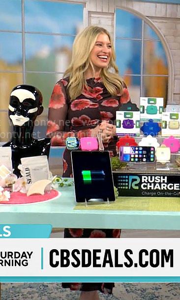 Ashley Bellman's red floral ruched dress on CBS Mornings