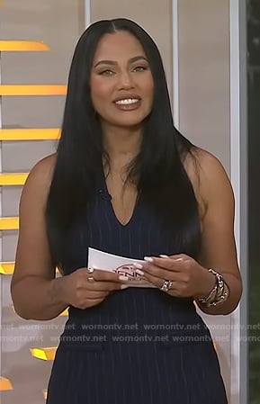 Ayesha Curry’s navy pinstripe halter top and pants on Today