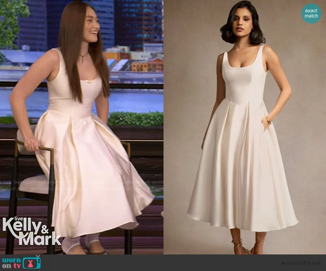 Azazie Olivia Cream Pleated Midi Dress worn by Lola Tung on Live with Kelly and Mark