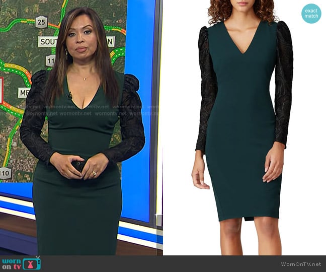 Badgley Mischka Emerald Lace Sleeve Sheath Dress worn by Adelle Caballero on Today
