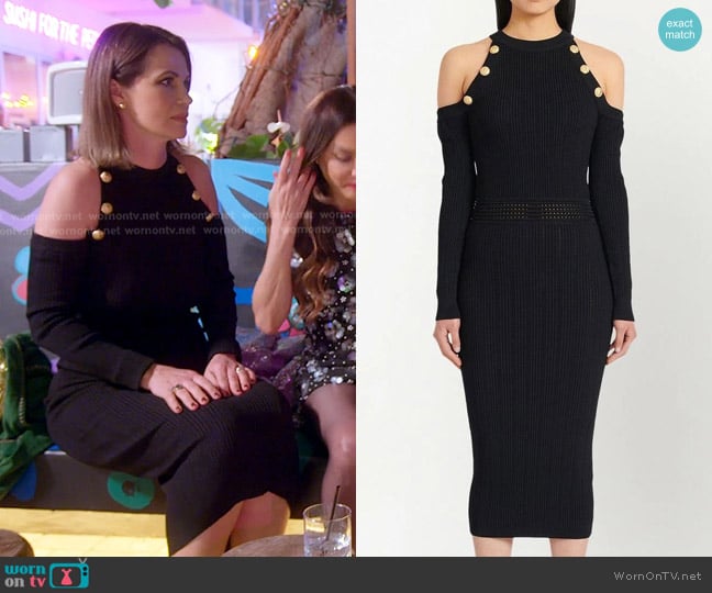 Balmain Cold-shoulder Ribbed-knit Midi Dress in Noir worn by Julia Lemigova (Julia Lemigova) on The Real Housewives of Miami