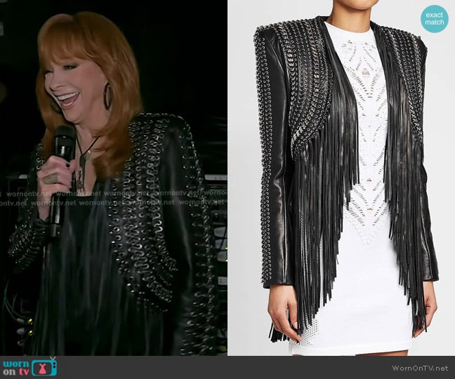 Balmain Embellished Leather Jacket with Fringe worn by Reba McEntire on The Voice