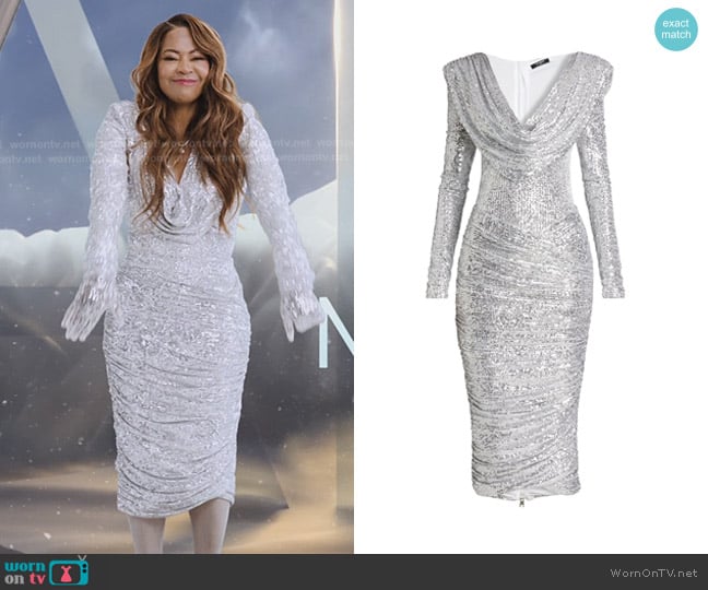 Balmain Sequined Cowlneck Midi-Dress in Argente worn by Mary Cosby on The Real Housewives of Salt Lake City