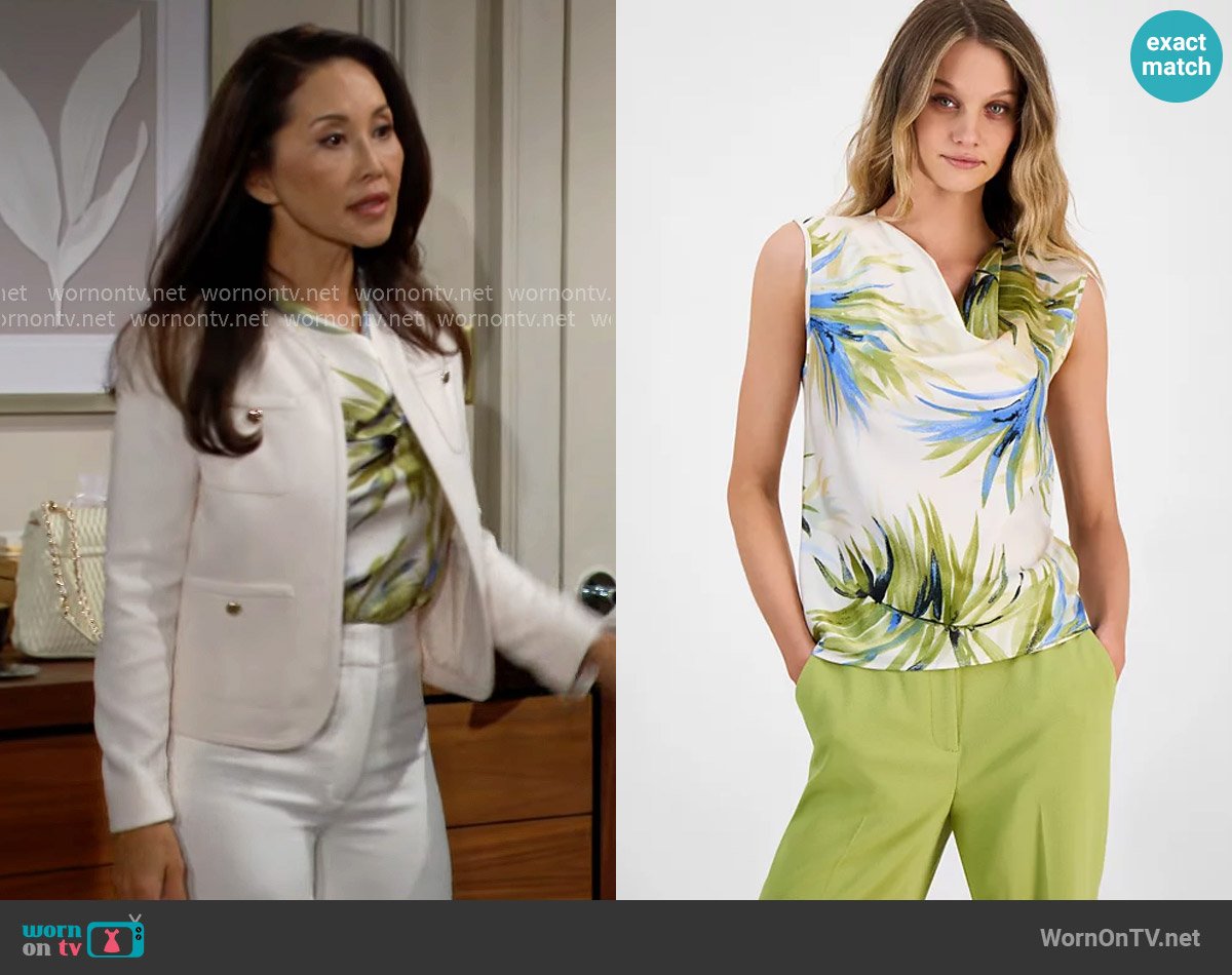 Bar III Palm Print Satin Cowl Neck Blouse worn by Li Finnegan (Naomi Matsuda) on The Bold and the Beautiful