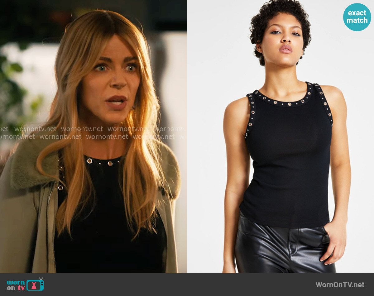 Bar III Ribbed Grommet-Trim Tank Top worn by Morgan Gillory (Kaitlin Olson) on High Potential