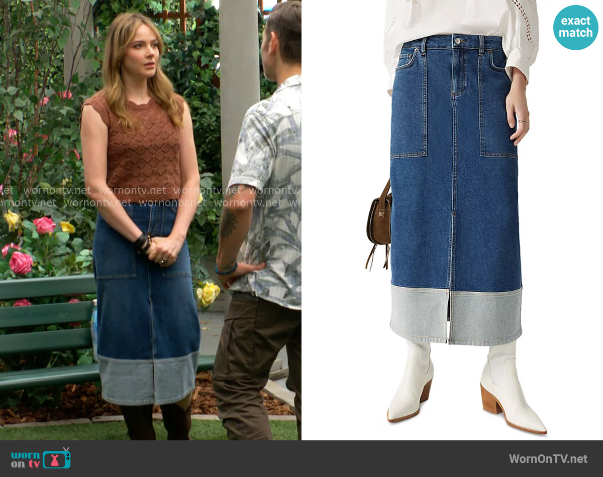 ba&sh Vicky Denim Midi Skirt worn by Tessa Porter (Cait Fairbanks) on The Young and the Restless