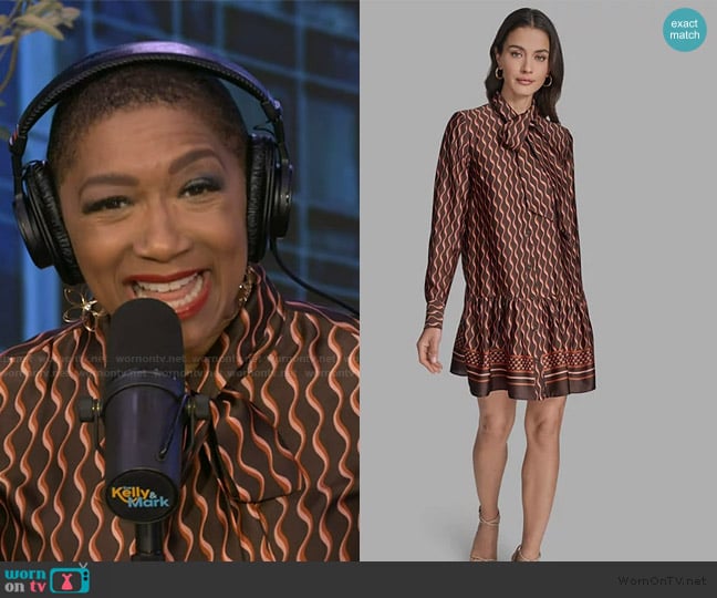 BCBGmaxazria Satin Tie-Neck Long-Sleeve Shift Dress worn by Deja Vu on Live with Kelly and Mark