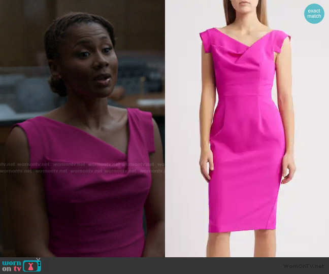 Black Halo Jackie O Sheath Dress worn by Jax Stewart (Emayatzy Corinealdi) on Reasonable Doubt
