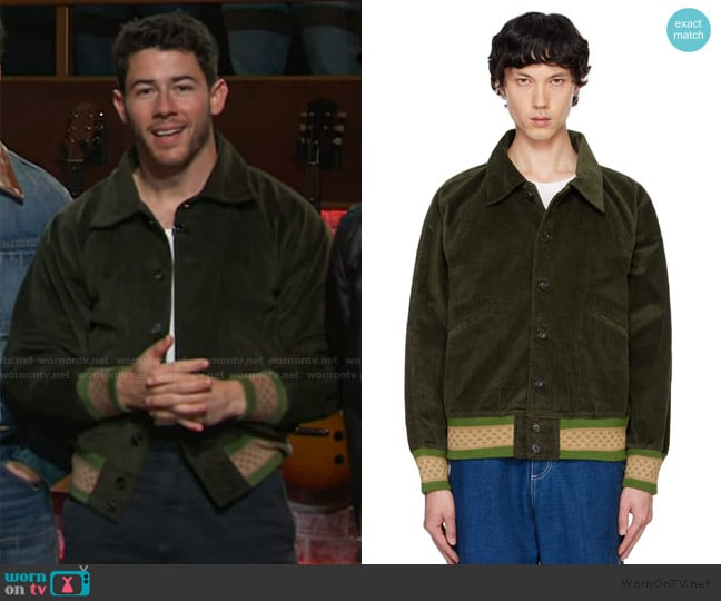 Bode Khaki Peerie Rib Banbury Bomber Jacket worn by Nick Jonas on The Kelly Clarkson Show