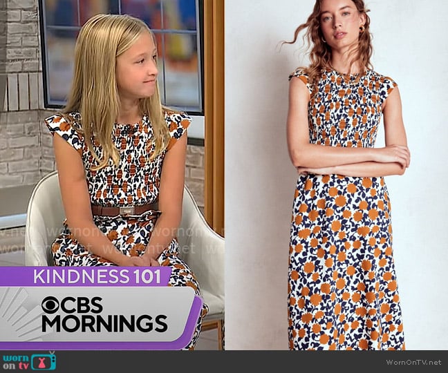Boden Carolina Smocked Midi Dress in Cognanc Floweret Vine worn by Meryl Hartman on CBS Mornings