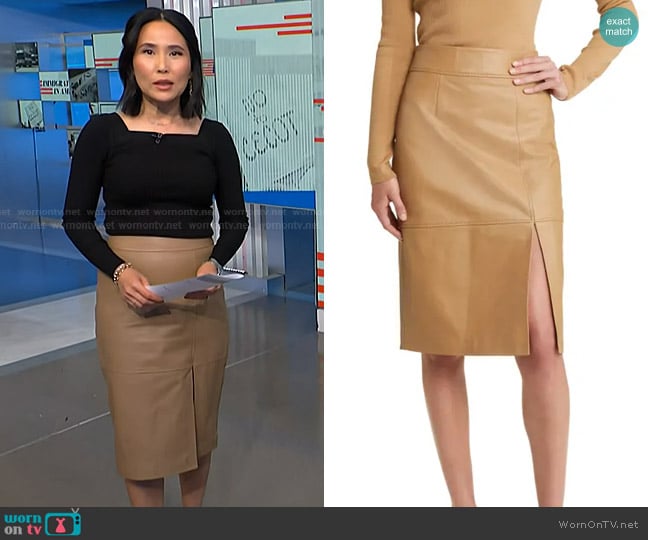 Boss Setora Leather Pencil Skirt in Iconic Camel worn by Vicky Nguyen on NBC News Daily