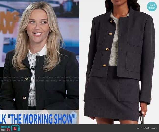 Bottega Veneta Knot-button Light Structured Cotton Jacket in Black worn by Reese Witherspoon on Good Morning America