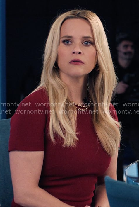 Bradley’s burgundy short-sleeve sheath dress on The Morning Show