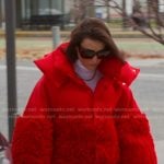 Bronwyn’s red frill puffer jacket and mini skirt on The Real Housewives of Salt Lake City