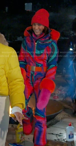 Bronwyn's multicolor marble print ski suit on The Real Housewives of Salt Lake City