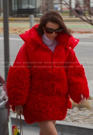Bronwyn’s red frill puffer jacket and mini skirt on The Real Housewives of Salt Lake City
