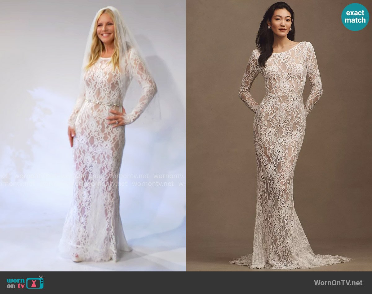 Bronx and Banco Colette Blanc Lace Long-Sleeve Mermaid Wedding Gown worn by Christine Blair Williams (Lauralee Bell) on The Young and the Restless